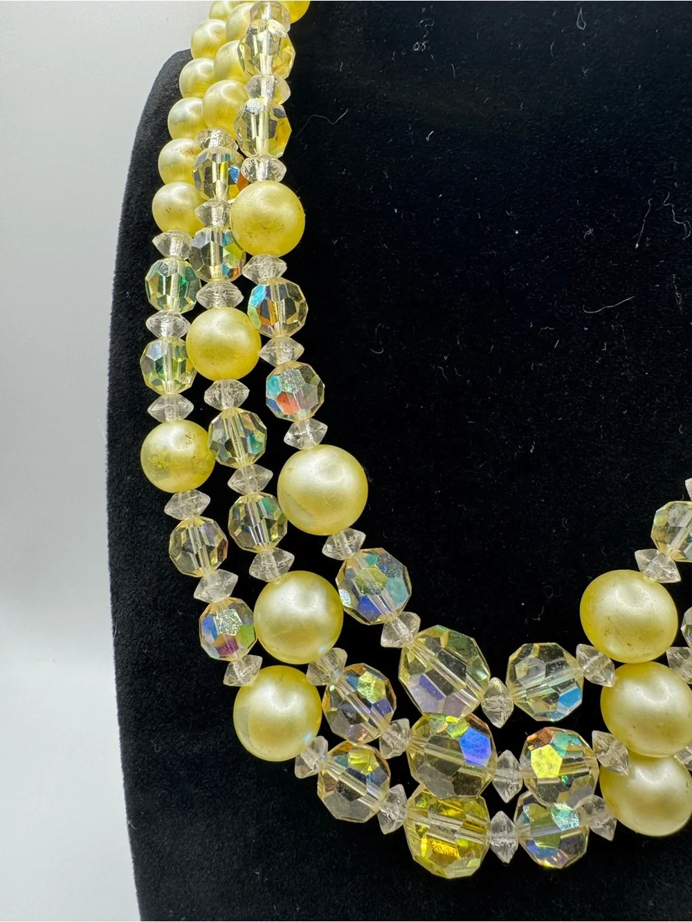 Vintage Triple-Strand Yellow Faux Pearl and AB Crystal Necklace